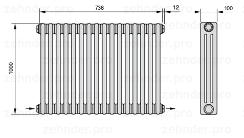 Схема (чертеж) Радиатор Zehnder Charleston 3100/16 №2670 Белый глянцевый RAL 9016